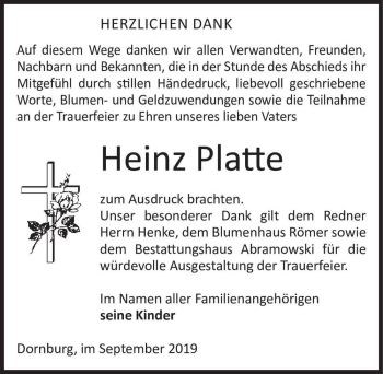 Traueranzeige von Heinz Platte  von Magdeburger Volksstimme