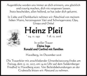 Traueranzeige von Heinz Pleil  von Magdeburger Volksstimme