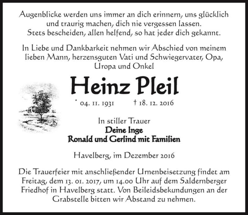  Traueranzeige für Heinz Pleil  vom 24.12.2016 aus Magdeburger Volksstimme