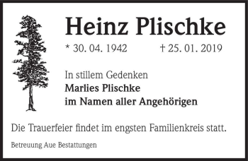 Traueranzeige von Heinz Plischke  von Magdeburger Volksstimme