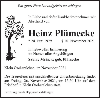 Traueranzeige von Heinz Plümecke  von Magdeburger Volksstimme