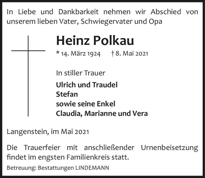 Traueranzeige für Heinz Polkau  vom 15.05.2021 aus Magdeburger Volksstimme