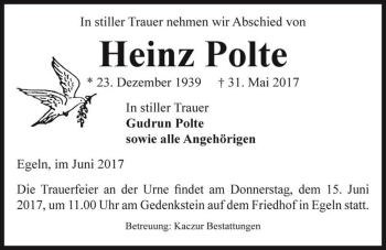 Traueranzeige von Heinz Polte  von Magdeburger Volksstimme