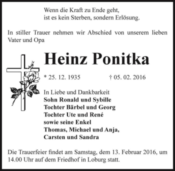 Traueranzeige von Heinz Ponitka  von Magdeburger Volksstimme