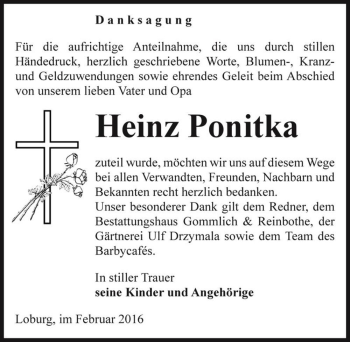 Traueranzeige von Heinz Ponitka  von Magdeburger Volksstimme