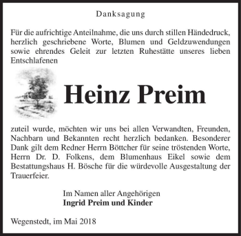 Traueranzeige von Heinz Preim  von Magdeburger Volksstimme
