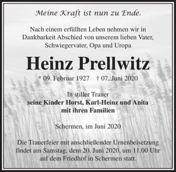Traueranzeige von Heinz Prellwitz  von Magdeburger Volksstimme
