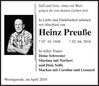 Traueranzeige von Heinz Preuße  von Magdeburger Volksstimme