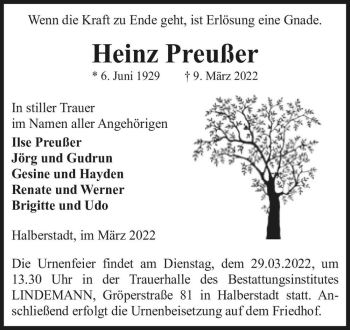 Traueranzeige von Heinz Preußer  von Magdeburger Volksstimme