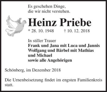 Traueranzeige von Heinz Priebe  von Magdeburger Volksstimme