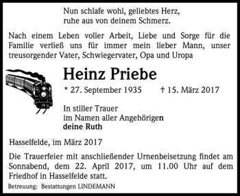 Traueranzeige von Heinz Priebe  von Magdeburger Volksstimme