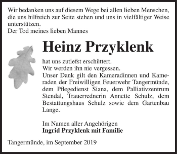 Traueranzeige von Heinz Przyklenk  von Magdeburger Volksstimme
