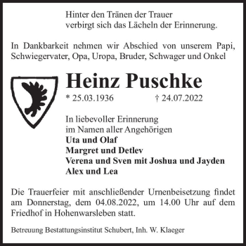 Traueranzeige von Heinz Puschke  von Magdeburger Volksstimme