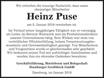 Traueranzeige von Heinz Puse  von Magdeburger Volksstimme
