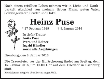 Traueranzeige von Heinz Puse  von Magdeburger Volksstimme