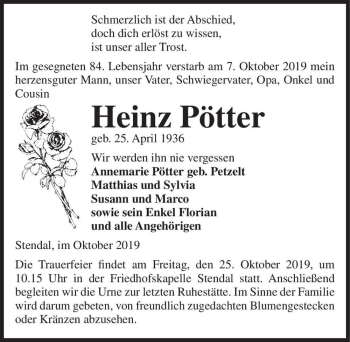 Traueranzeige von Heinz Pötter  von Magdeburger Volksstimme