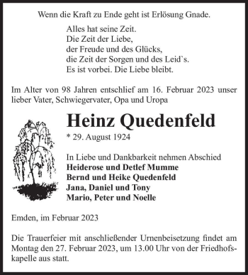 Traueranzeige von Heinz Quedenfeld  von Magdeburger Volksstimme
