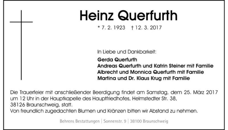  Traueranzeige für Heinz Querfurth  vom 18.03.2017 aus Magdeburger Volksstimme