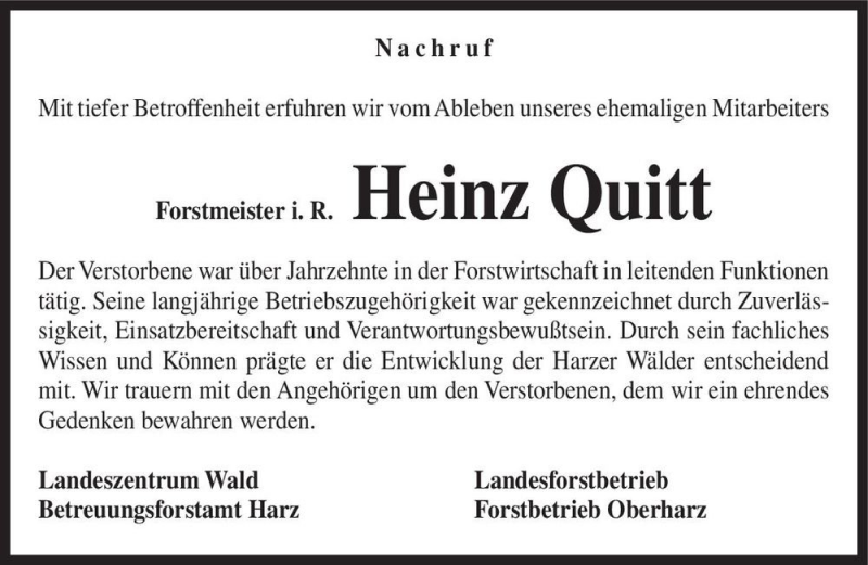  Traueranzeige für Heinz Quitt  vom 20.11.2021 aus Magdeburger Volksstimme