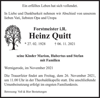 Traueranzeige von Heinz Quitt  von Magdeburger Volksstimme