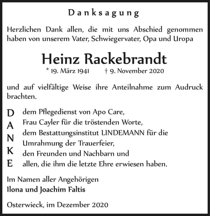  Traueranzeige für Heinz Rackebrandt  vom 12.12.2020 aus Magdeburger Volksstimme