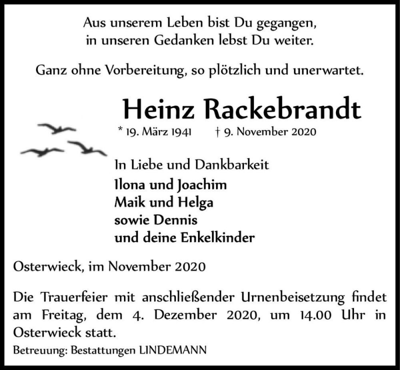  Traueranzeige für Heinz Rackebrandt  vom 21.11.2020 aus Magdeburger Volksstimme