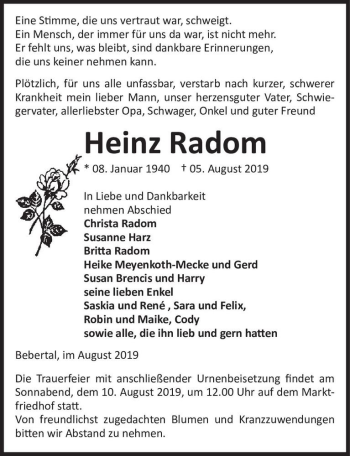 Traueranzeige von Heinz Radom  von Magdeburger Volksstimme
