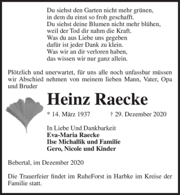 Traueranzeige von Heinz Raecke  von Magdeburger Volksstimme