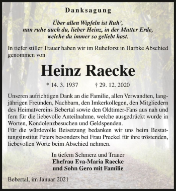 Traueranzeige von Heinz Raecke  von Magdeburger Volksstimme