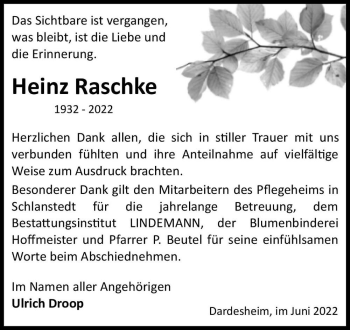 Traueranzeige von Heinz Raschke  von Magdeburger Volksstimme