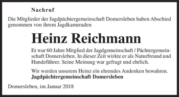 Traueranzeige von Heinz Reichmann  von Magdeburger Volksstimme