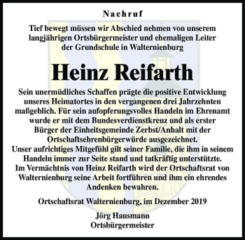 Traueranzeige von Heinz Reifarth  von Magdeburger Volksstimme