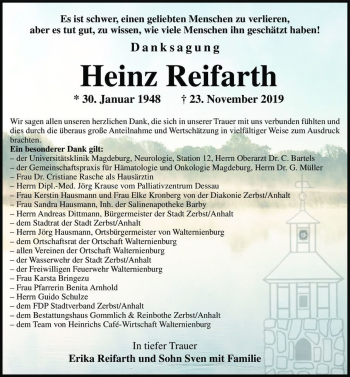 Traueranzeige von Heinz Reifarth  von Magdeburger Volksstimme