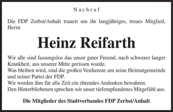 Traueranzeige von Heinz Reifarth  von Magdeburger Volksstimme