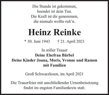 Traueranzeige von Heinz Reinke  von Magdeburger Volksstimme