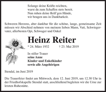 Traueranzeige von Heinz Reiter  von Magdeburger Volksstimme