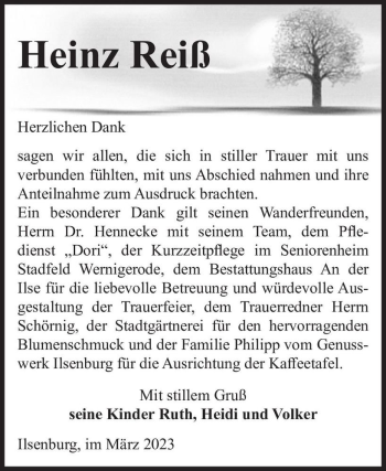 Traueranzeige von Heinz Reiß  von Magdeburger Volksstimme
