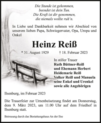 Traueranzeige von Heinz Reiß  von Magdeburger Volksstimme