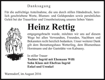 Traueranzeige von Heinz Rettig  von Magdeburger Volksstimme
