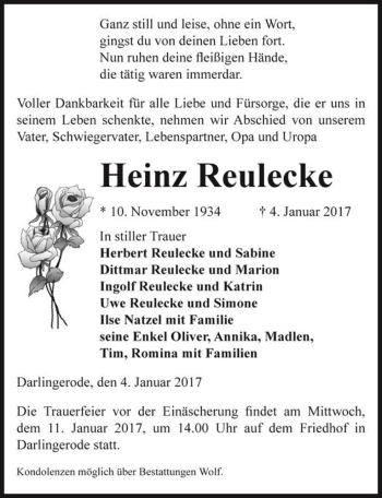 Traueranzeige von Heinz Reulecke  von Magdeburger Volksstimme