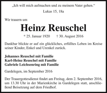 Traueranzeige von Heinz Reuschel  von Magdeburger Volksstimme