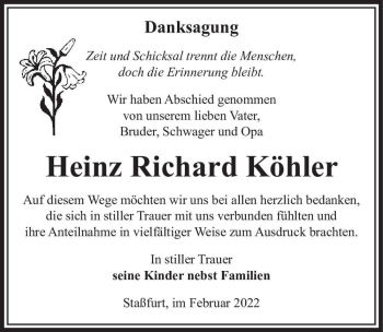 Traueranzeige von Heinz Richard Köhler  von Magdeburger Volksstimme