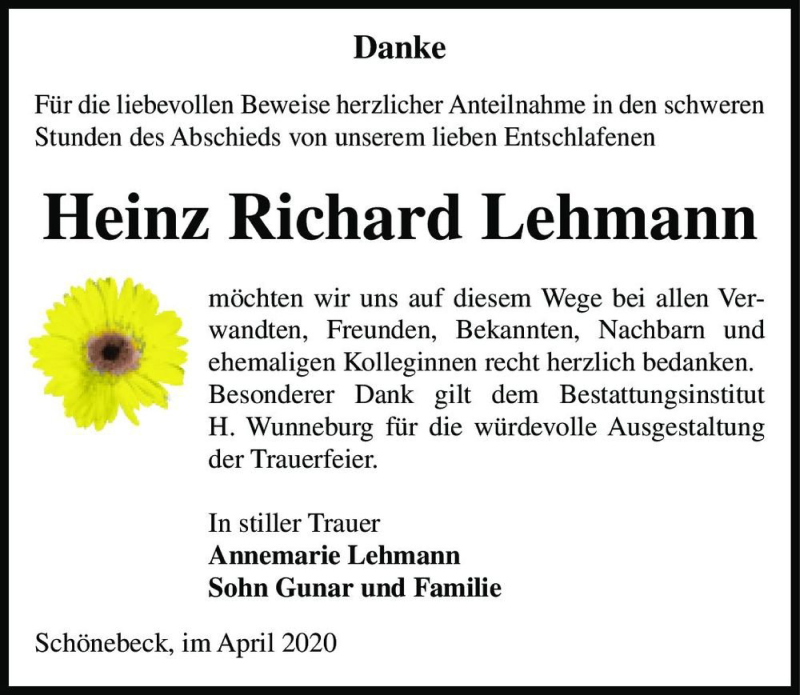  Traueranzeige für Heinz Richard Lehmann  vom 29.04.2020 aus Magdeburger Volksstimme