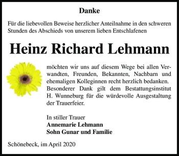 Traueranzeige von Heinz Richard Lehmann  von Magdeburger Volksstimme