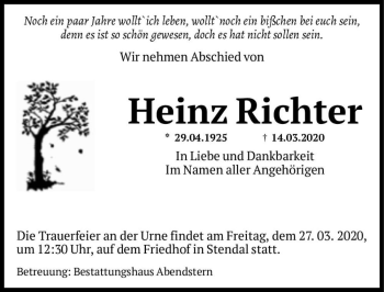 Traueranzeige von Heinz Richter  von Magdeburger Volksstimme