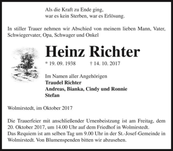 Traueranzeige von Heinz Richter  von Magdeburger Volksstimme