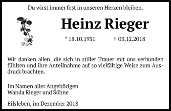 Traueranzeige von Heinz Rieger  von Magdeburger Volksstimme