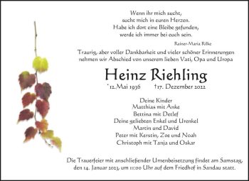 Traueranzeige von Heinz Riehling  von Magdeburger Volksstimme