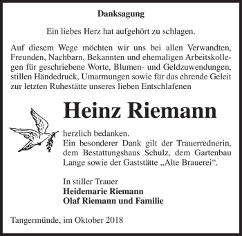 Traueranzeige von Heinz Riemann  von Magdeburger Volksstimme