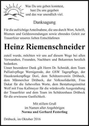 Traueranzeige von Heinz Riemenschneider  von Magdeburger Volksstimme